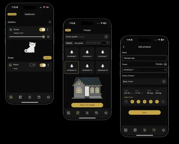 Bosso lighting app showing color, scene, and schedule controls